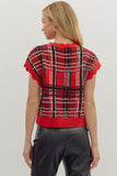 Plaid Sweater Knit Top | Red