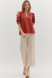 Embroidered Puff Sleeve Top | Rust