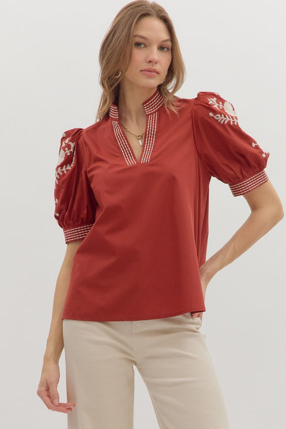 Embroidered Puff Sleeve Top | Rust