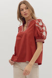 Embroidered Puff Sleeve Top | Rust