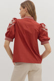 Embroidered Puff Sleeve Top | Rust