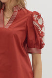 Embroidered Puff Sleeve Top | Rust