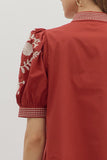 Embroidered Puff Sleeve Top | Rust