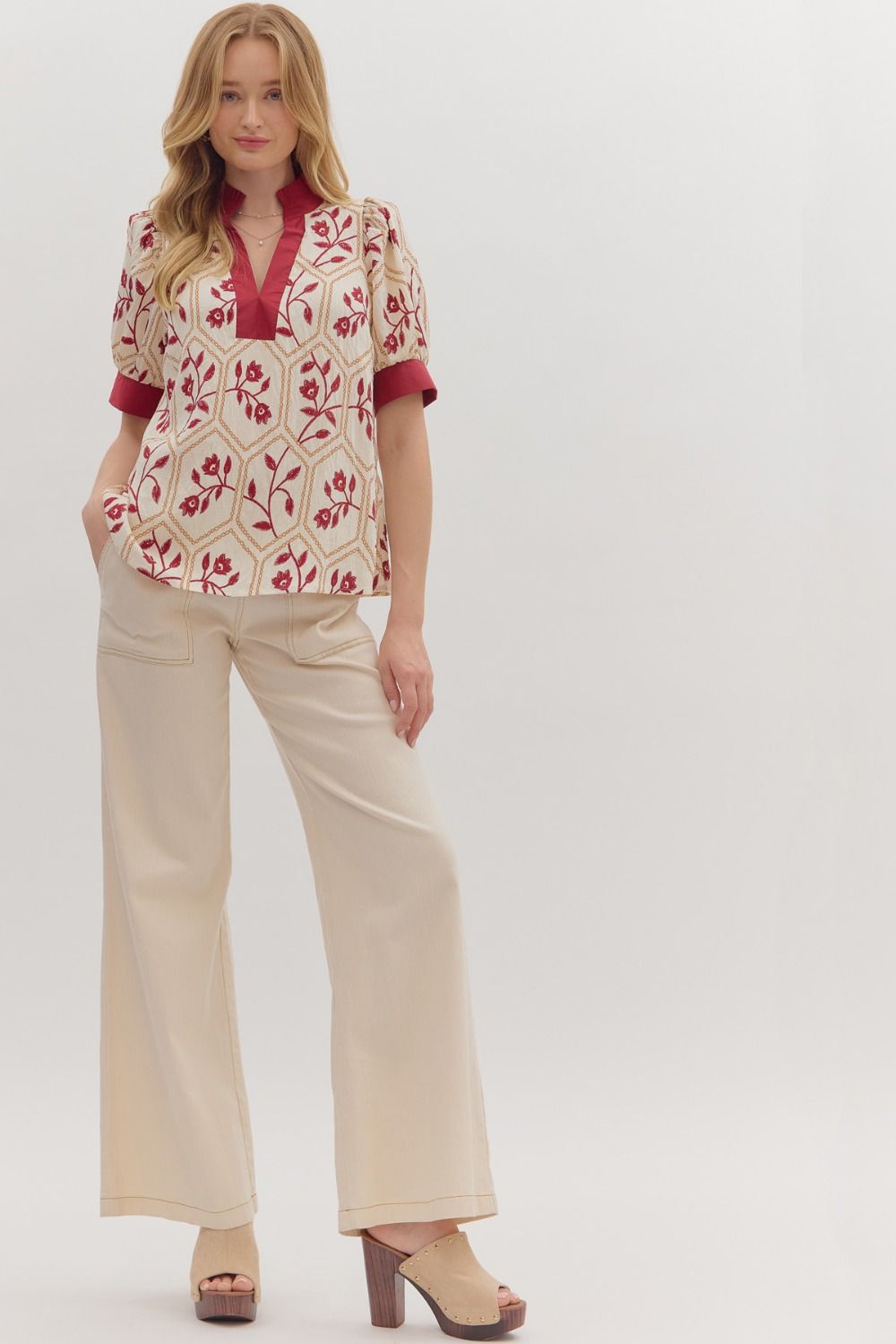 Floral Contrast Band Trim Top | Burgundy