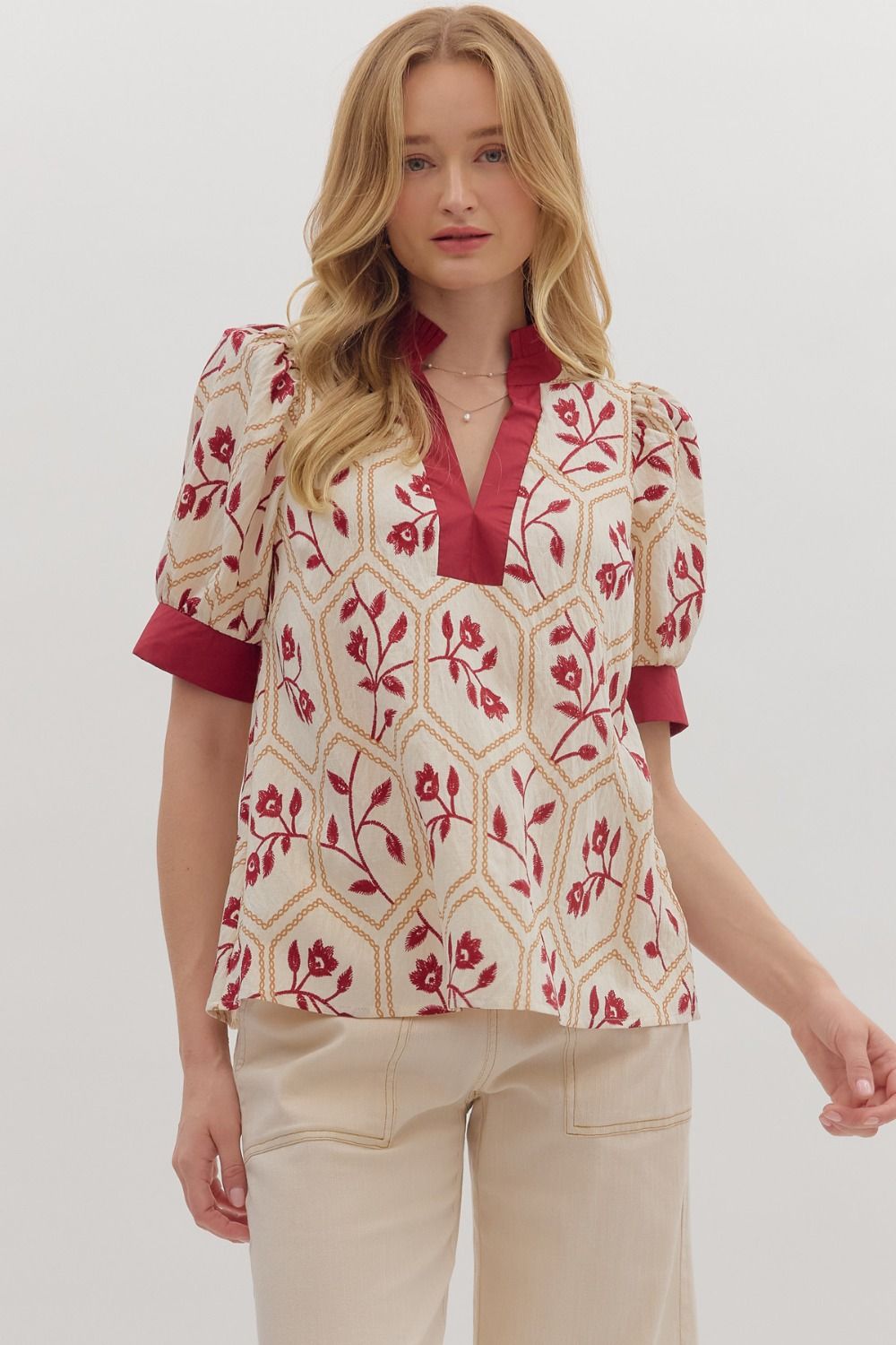 Floral Contrast Band Trim Top | Burgundy
