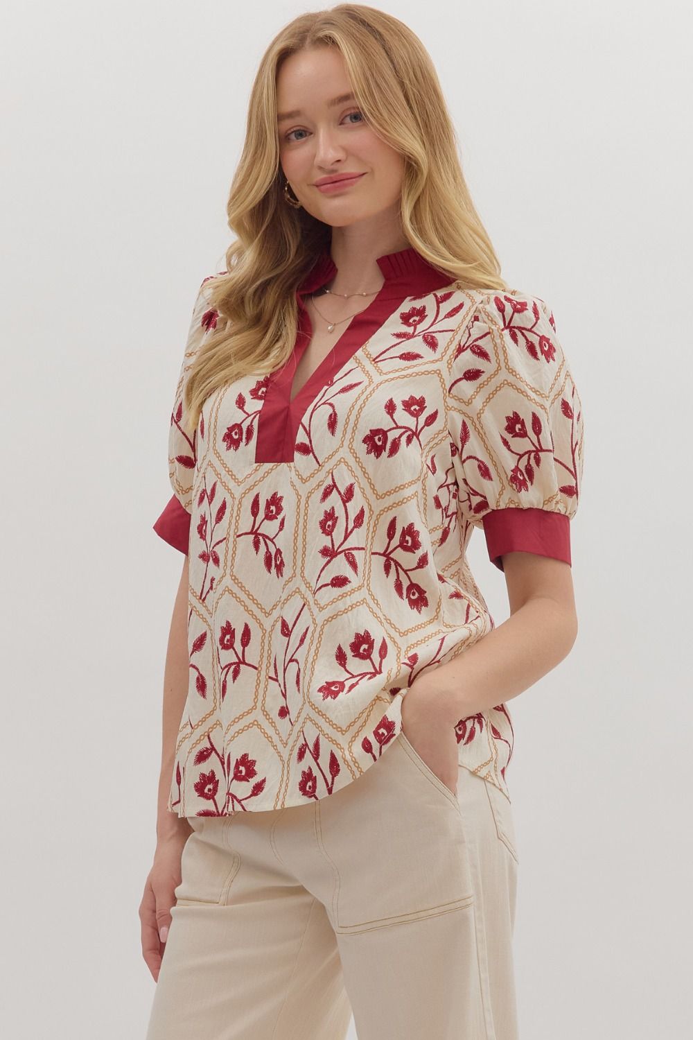 Floral Contrast Band Trim Top | Burgundy