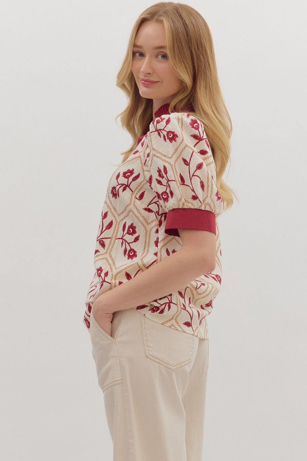 Floral Contrast Band Trim Top | Burgundy