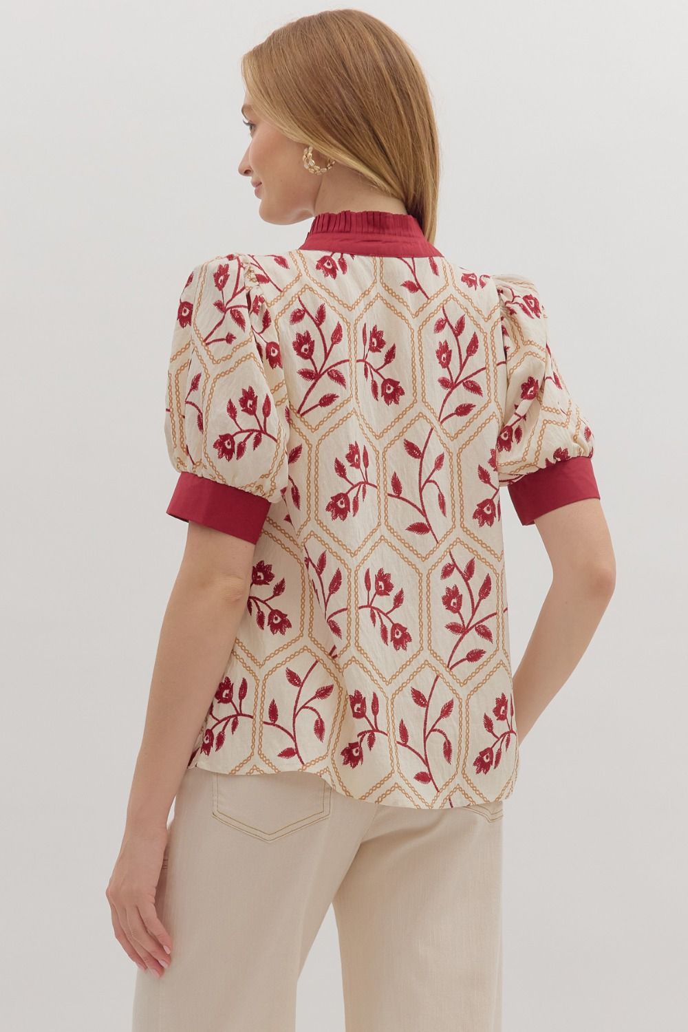 Floral Contrast Band Trim Top | Burgundy