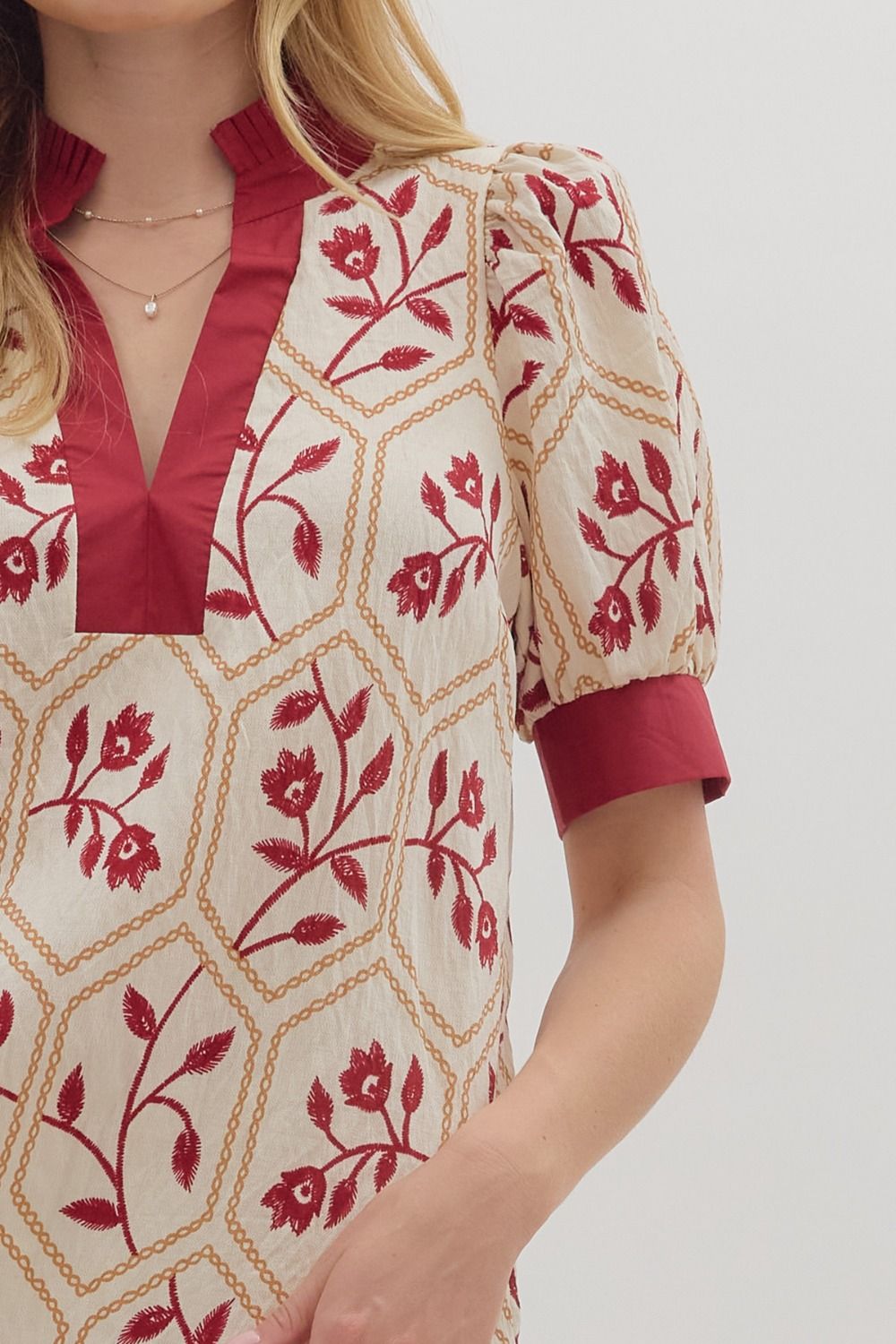 Floral Contrast Band Trim Top | Burgundy