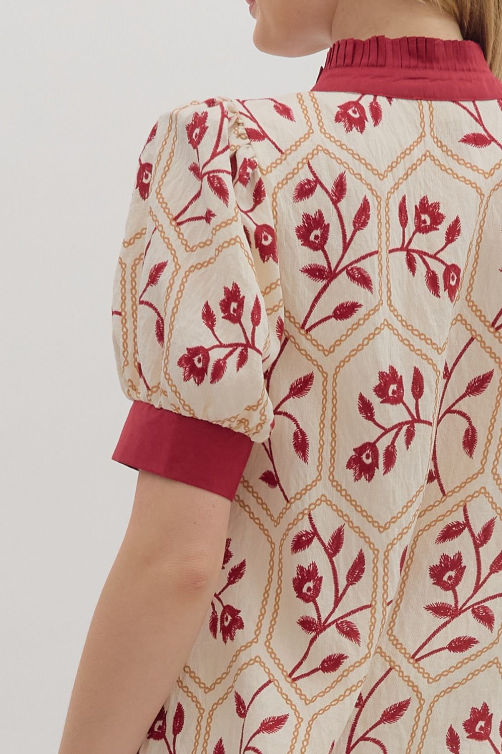 Floral Contrast Band Trim Top | Burgundy