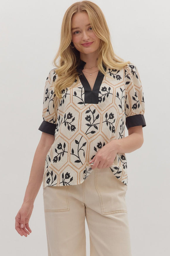 Floral Contrast Band Trim Top | Black