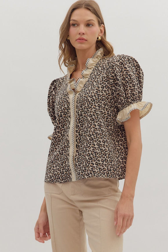 Leopard Ruffle Accent Top | Taupe
