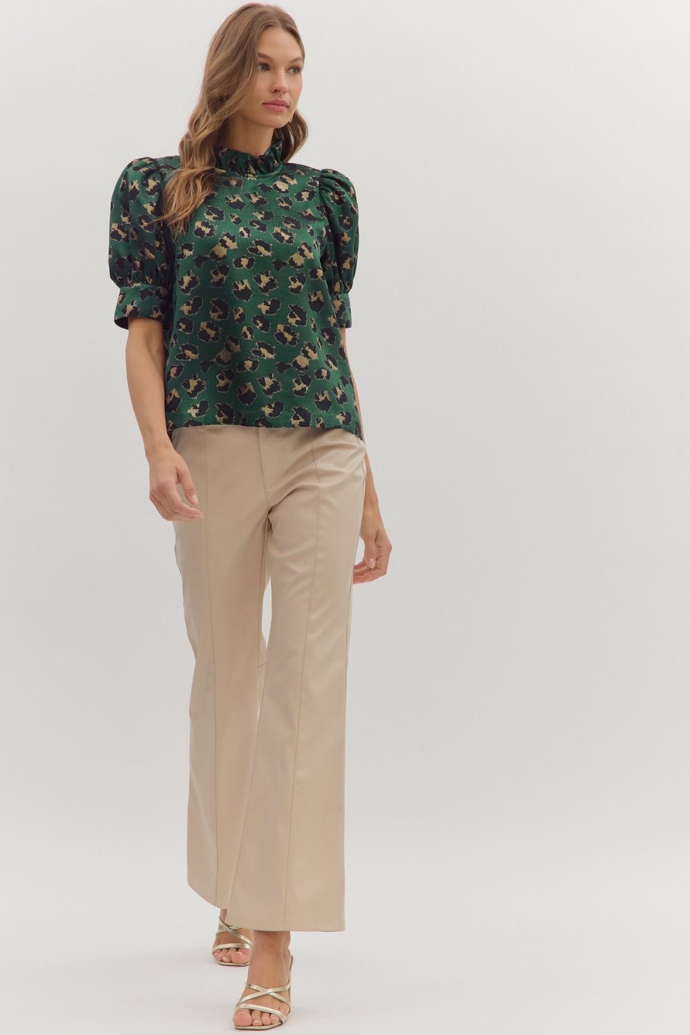 Leopard Puff Sleeve Metallic Top | Hunter Green