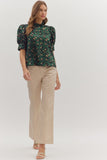 Leopard Puff Sleeve Metallic Top | Hunter Green