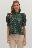 Leopard Puff Sleeve Metallic Top | Hunter Green
