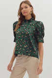 Leopard Puff Sleeve Metallic Top | Hunter Green