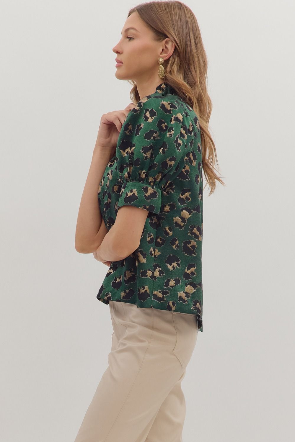 Leopard Puff Sleeve Metallic Top | Hunter Green