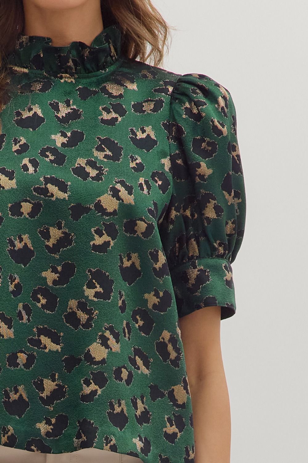 Leopard Puff Sleeve Metallic Top | Hunter Green
