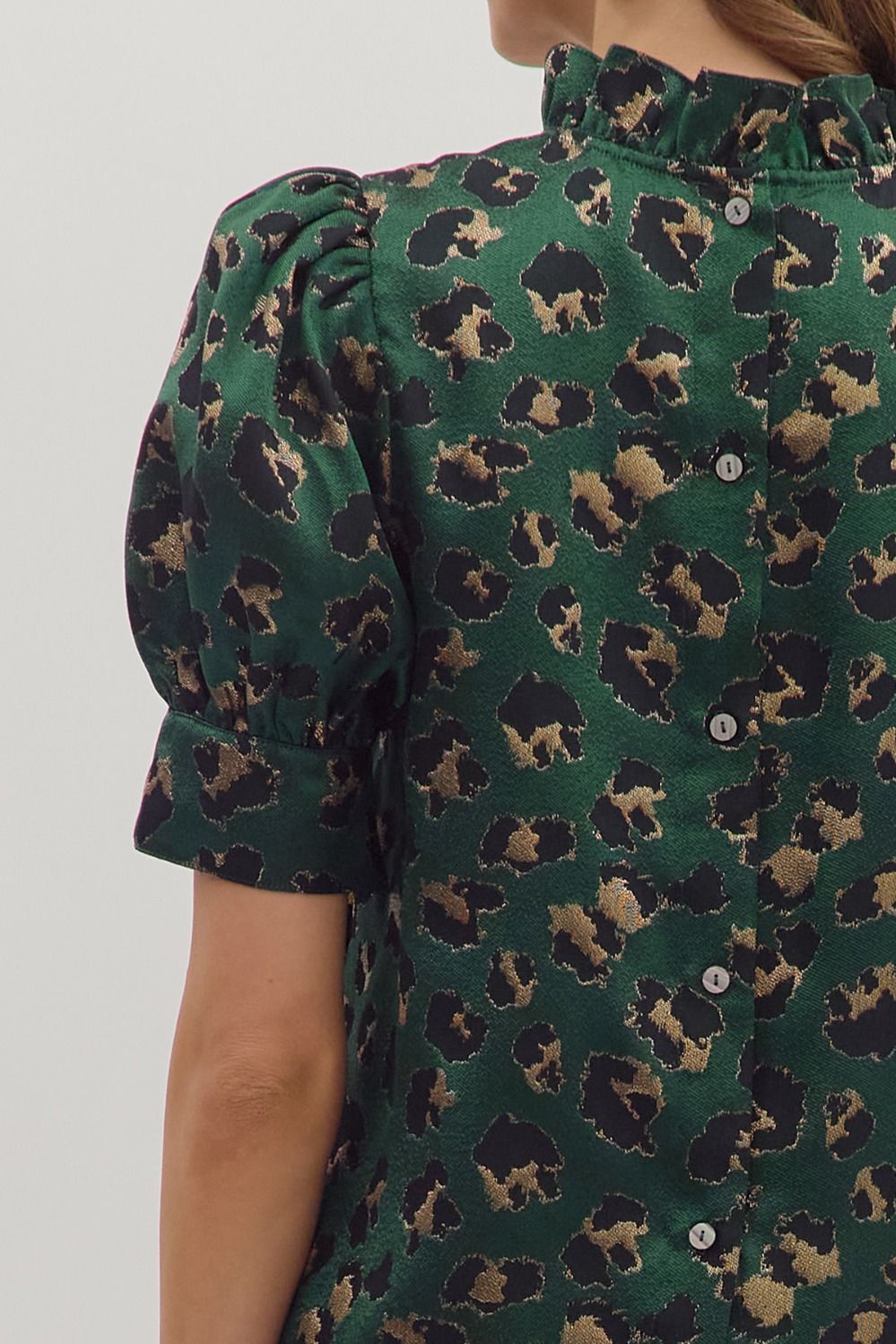 Leopard Puff Sleeve Metallic Top | Hunter Green