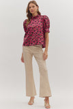 Leopard Puff Sleeve Metallic Top | Hot Pink