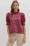 Leopard Puff Sleeve Metallic Top | Hot Pink