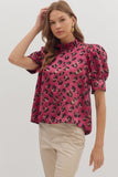 Leopard Puff Sleeve Metallic Top | Hot Pink