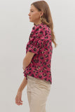 Leopard Puff Sleeve Metallic Top | Hot Pink