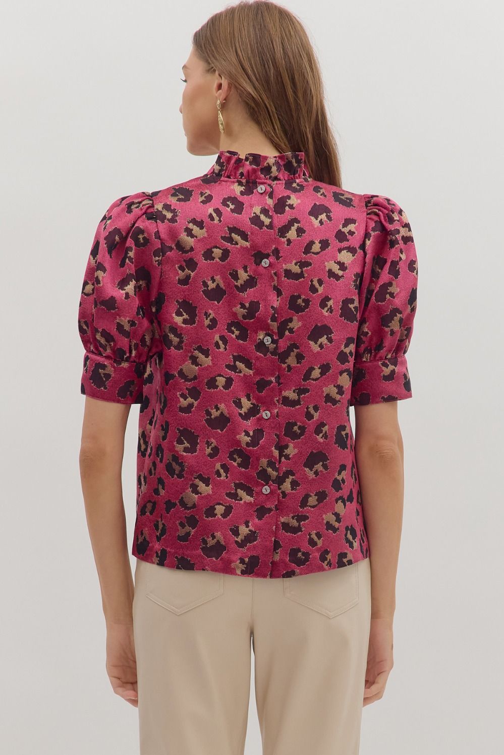 Leopard Puff Sleeve Metallic Top | Hot Pink