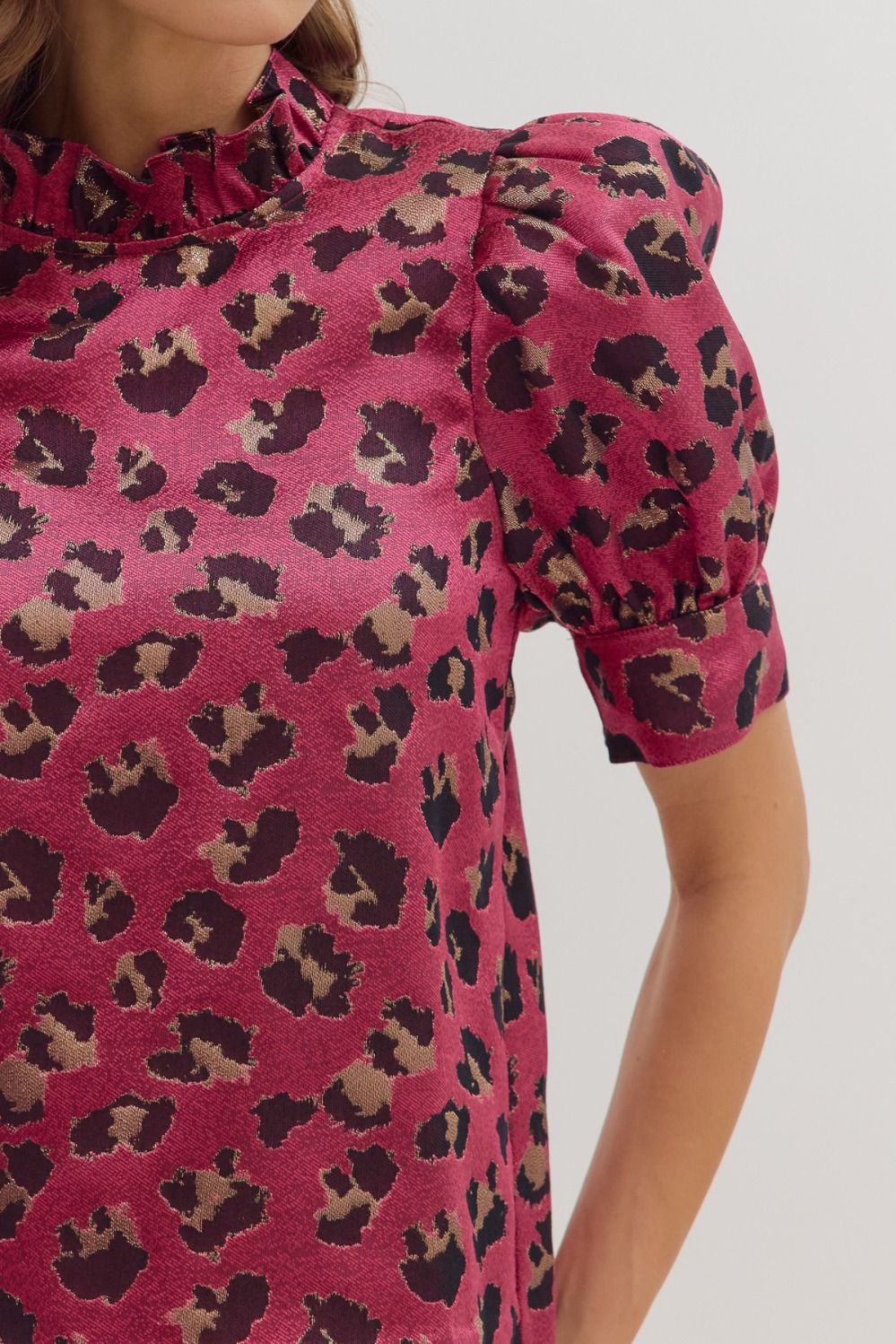 Leopard Puff Sleeve Metallic Top | Hot Pink