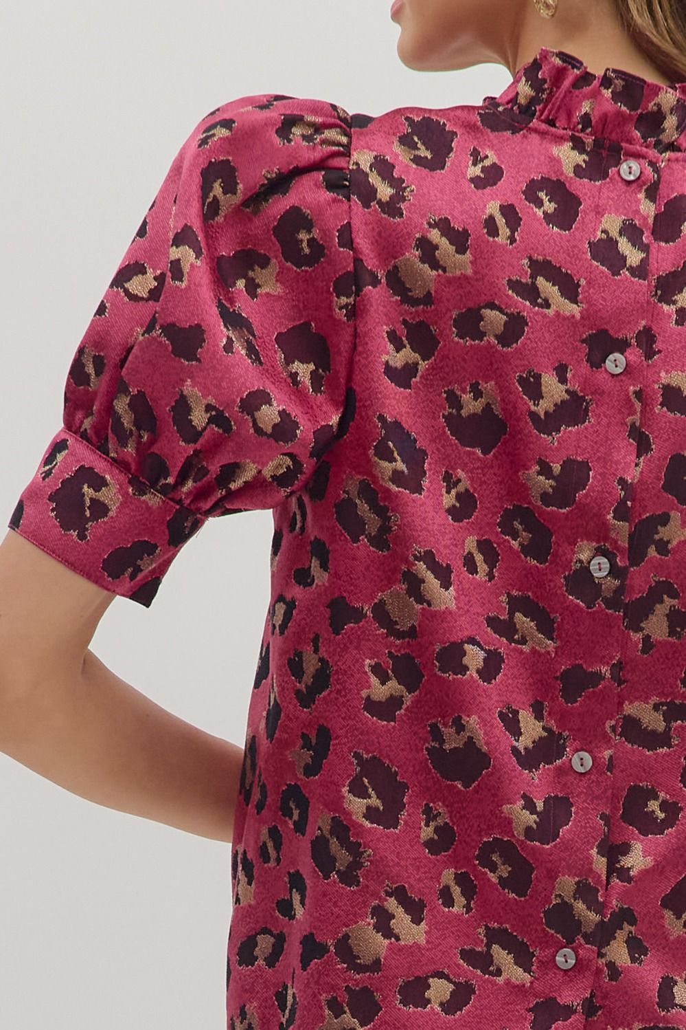 Leopard Puff Sleeve Metallic Top | Hot Pink