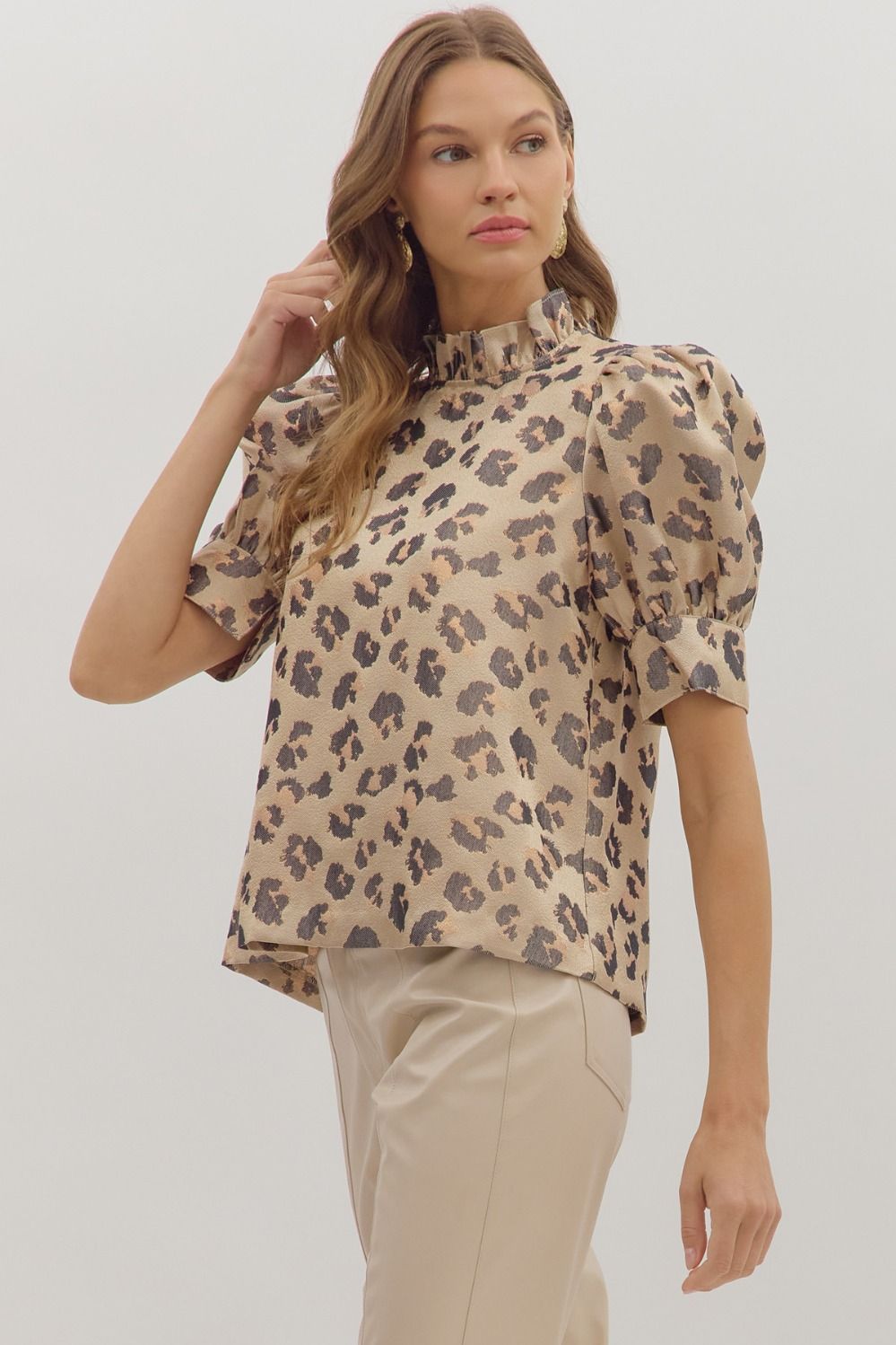 Leopard Puff Sleeve Metallic Top | Gold