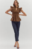 Smocked Flutter Sleeve Peplum Top | Coffee