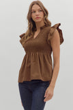 Smocked Flutter Sleeve Peplum Top | Coffee