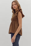 Smocked Flutter Sleeve Peplum Top | Coffee