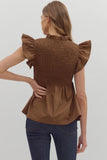 Smocked Flutter Sleeve Peplum Top | Coffee