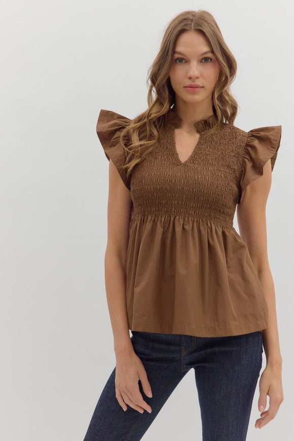 Smocked Flutter Sleeve Peplum Top | Coffee
