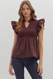 Smocked Flutter Sleeve Peplum Top | Wine