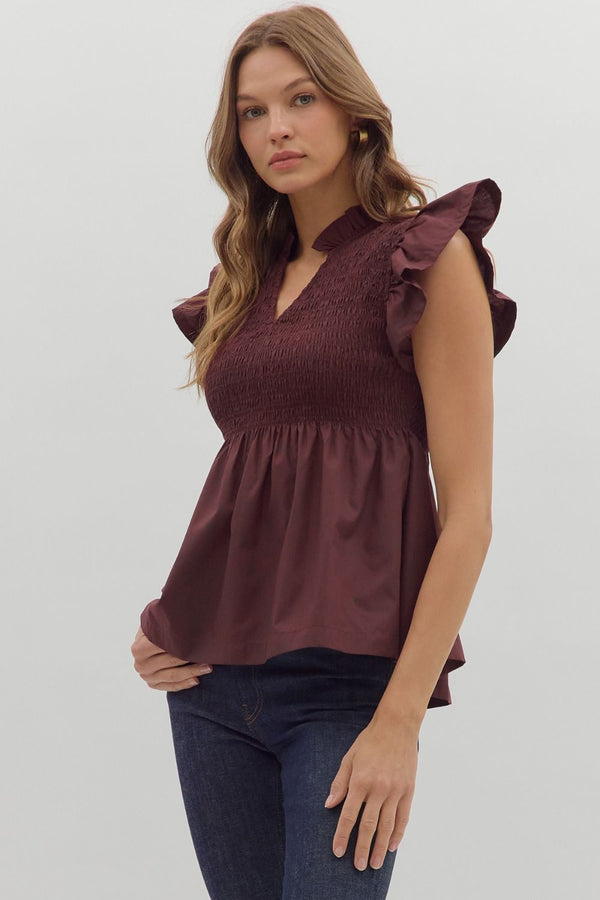 Smocked Flutter Sleeve Peplum Top | Wine