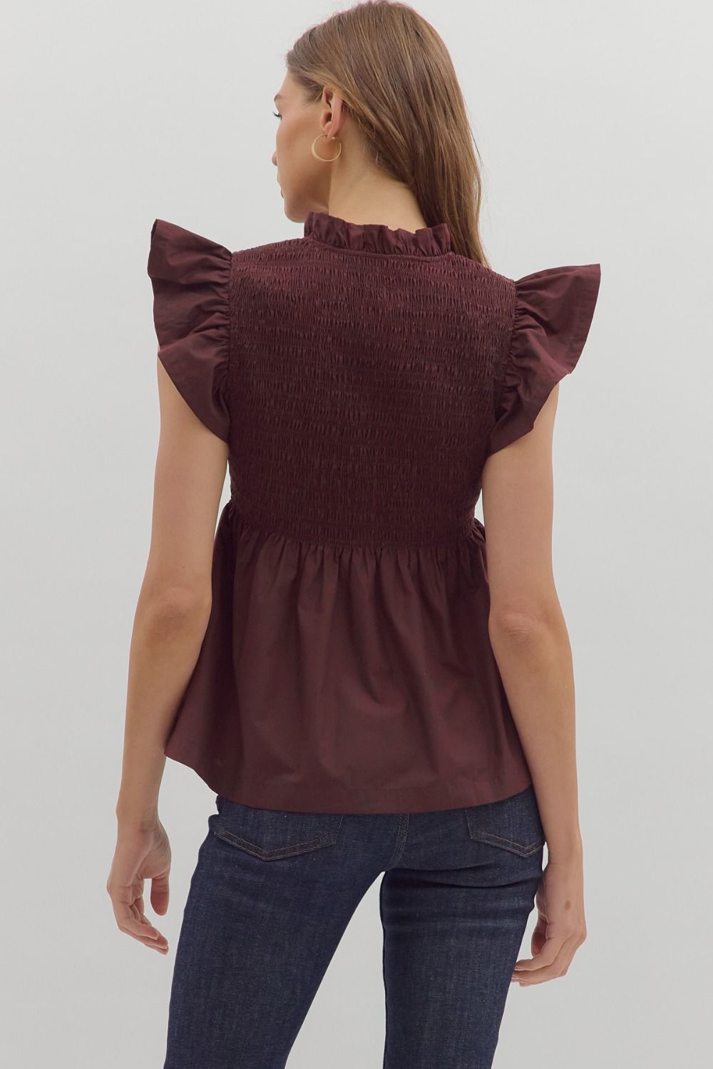 Smocked Flutter Sleeve Peplum Top | Wine
