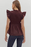 Smocked Flutter Sleeve Peplum Top | Wine