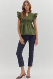 Smocked Flutter Sleeve Peplum Top | Olive