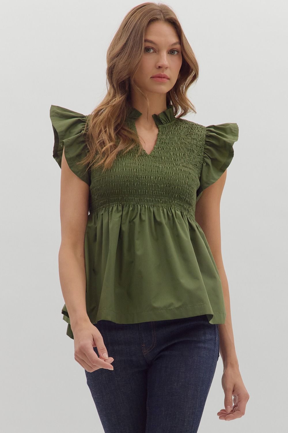 Smocked Flutter Sleeve Peplum Top | Olive