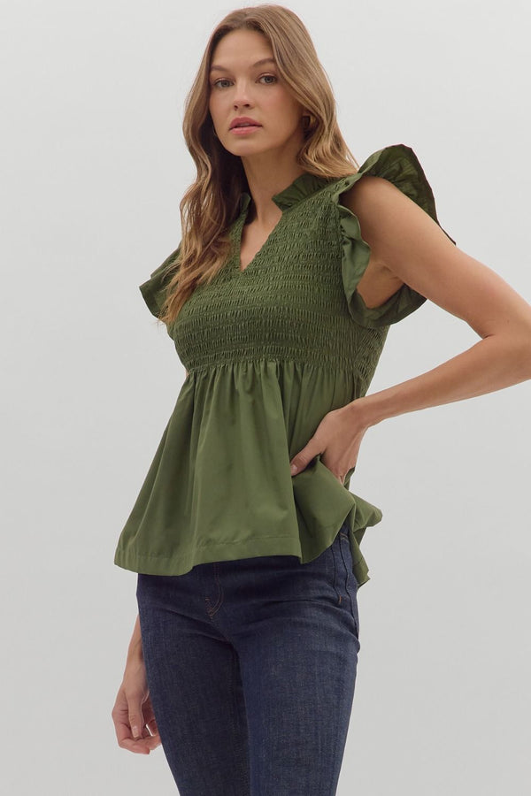 Smocked Flutter Sleeve Peplum Top | Olive