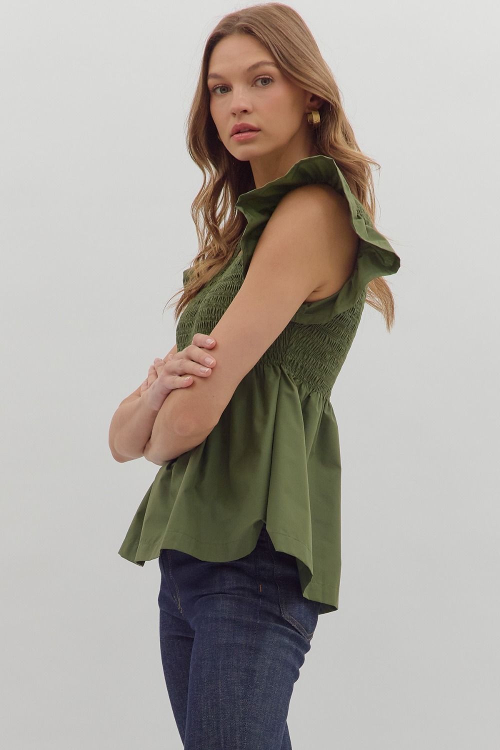 Smocked Flutter Sleeve Peplum Top | Olive