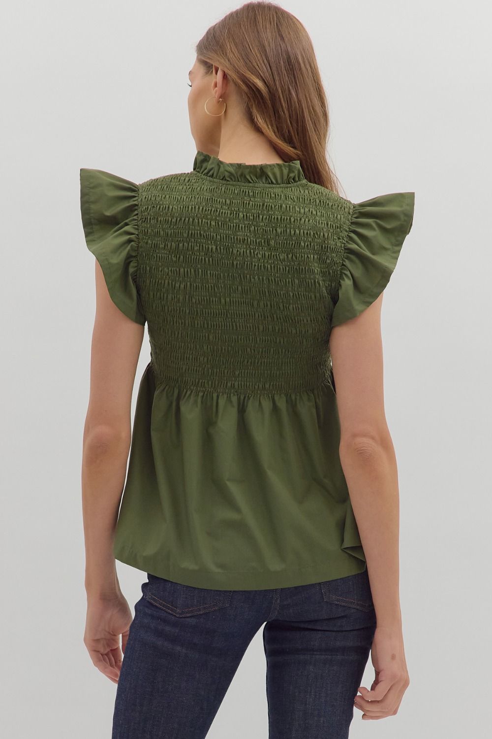 Smocked Flutter Sleeve Peplum Top | Olive