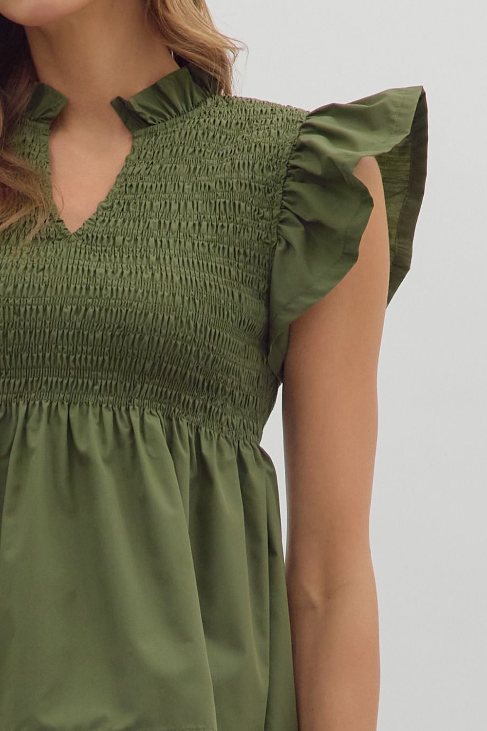 Smocked Flutter Sleeve Peplum Top | Olive