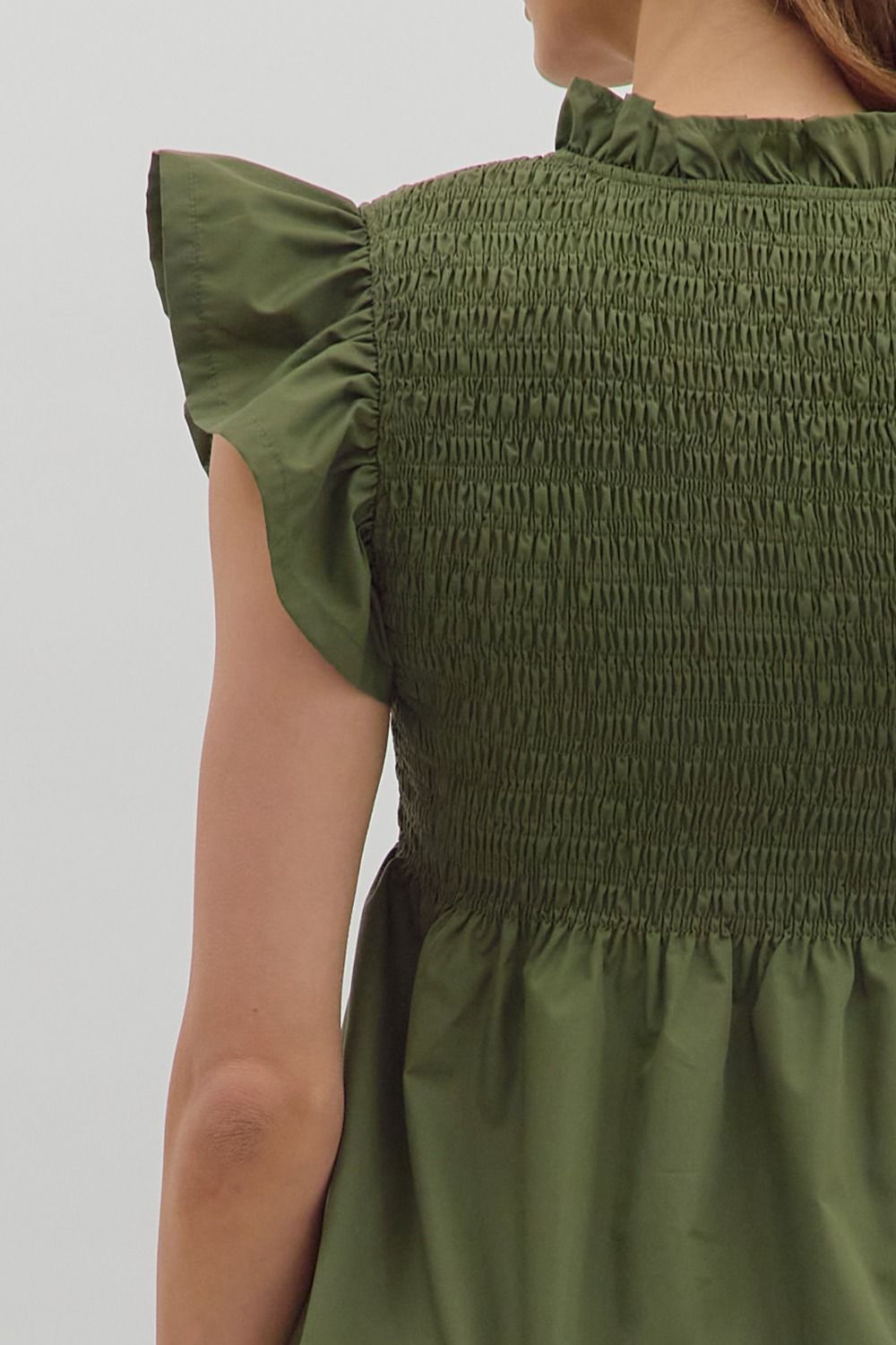 Smocked Flutter Sleeve Peplum Top | Olive