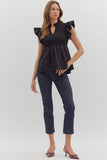 Smocked Flutter Sleeve Peplum Top | Black