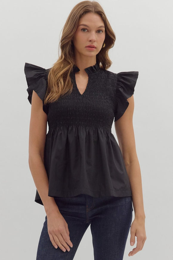 Smocked Flutter Sleeve Peplum Top | Black