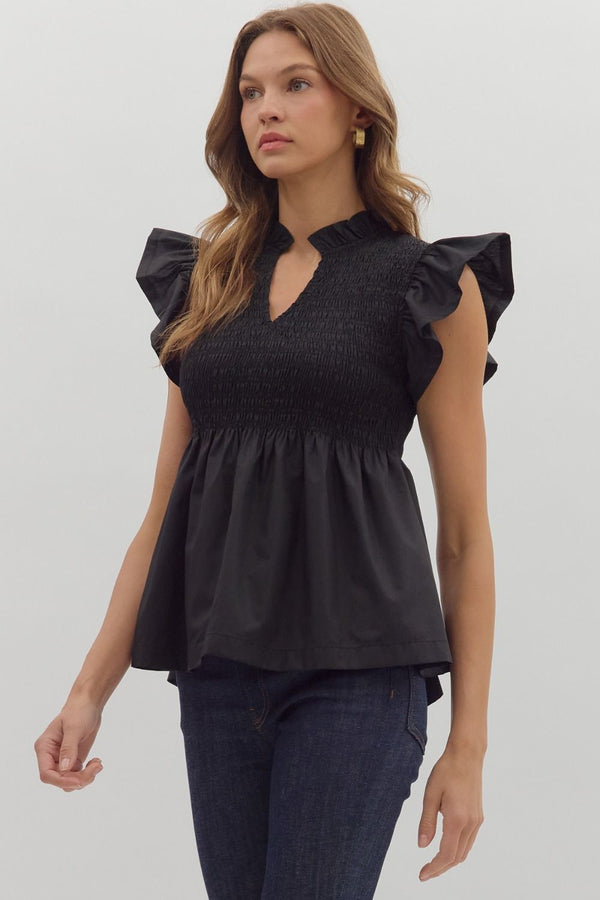 Smocked Flutter Sleeve Peplum Top | Black